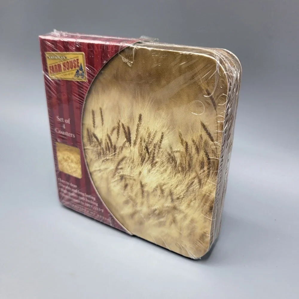 American Farm House Coasters Set of 4 Wheat Field Harvest Cork Backed Brown